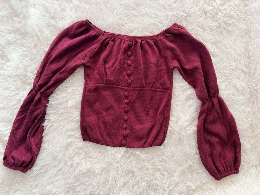 Poema Hit Burgundy Balloon Sleeve Knit Top with Decorative Buttons Size 40